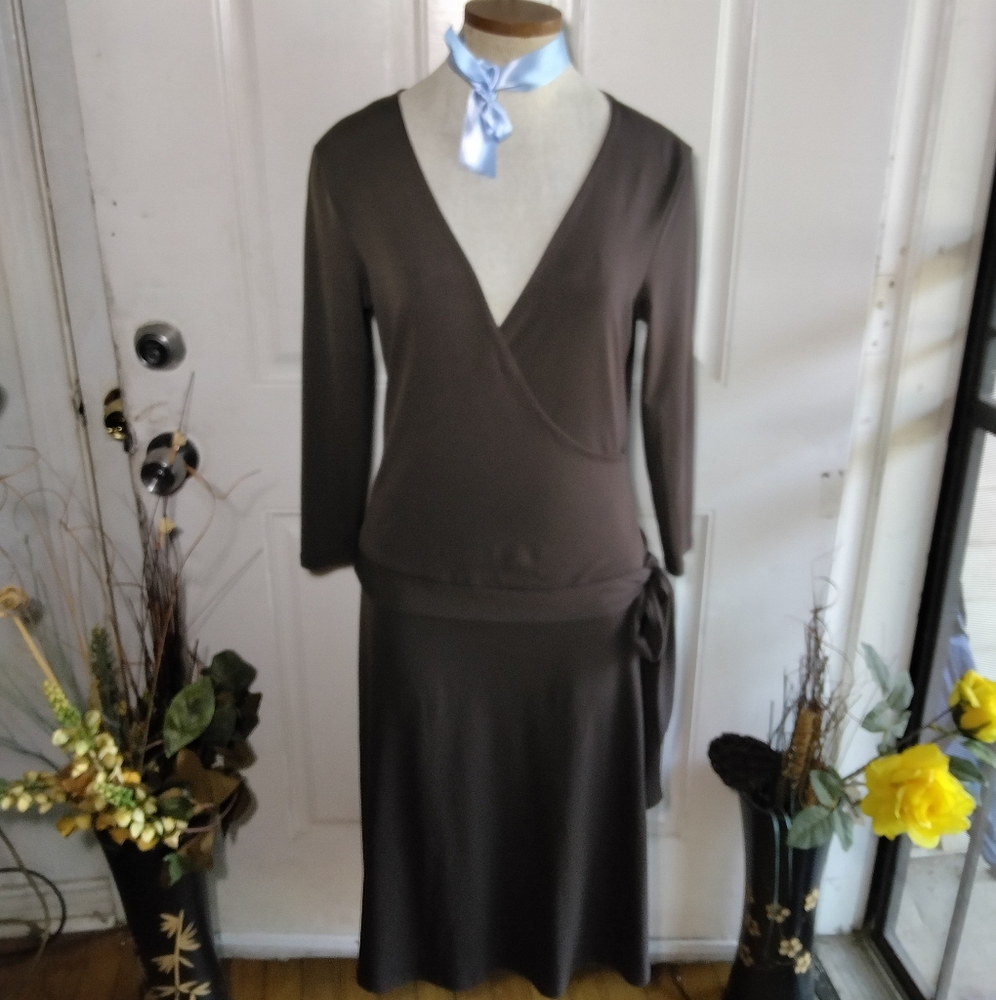 Robbie Bee Brown V Neck Dropped Waist Long Sleeve Dress Size 6
